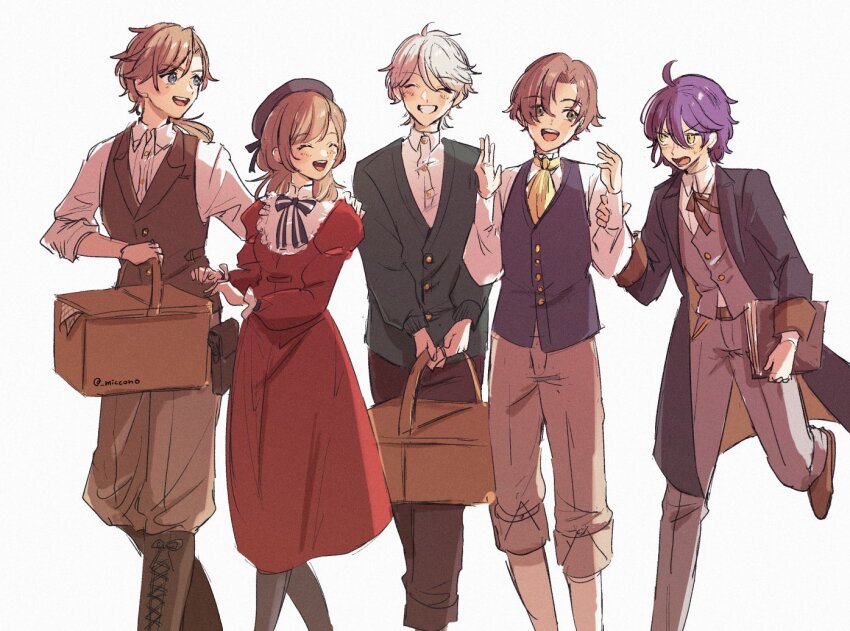 1girl, 4boys, :d, ^_^, ahoge, alain_guillotin, angry, artist_name