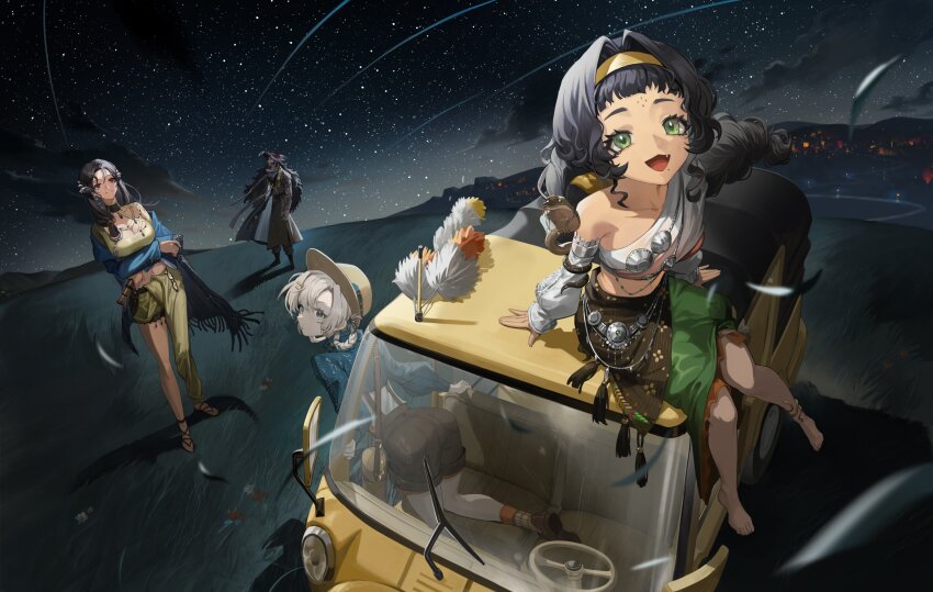 1boy, 3girls, :d, absurdres, anklet, arm_support, asymmetrical_clothes, bag