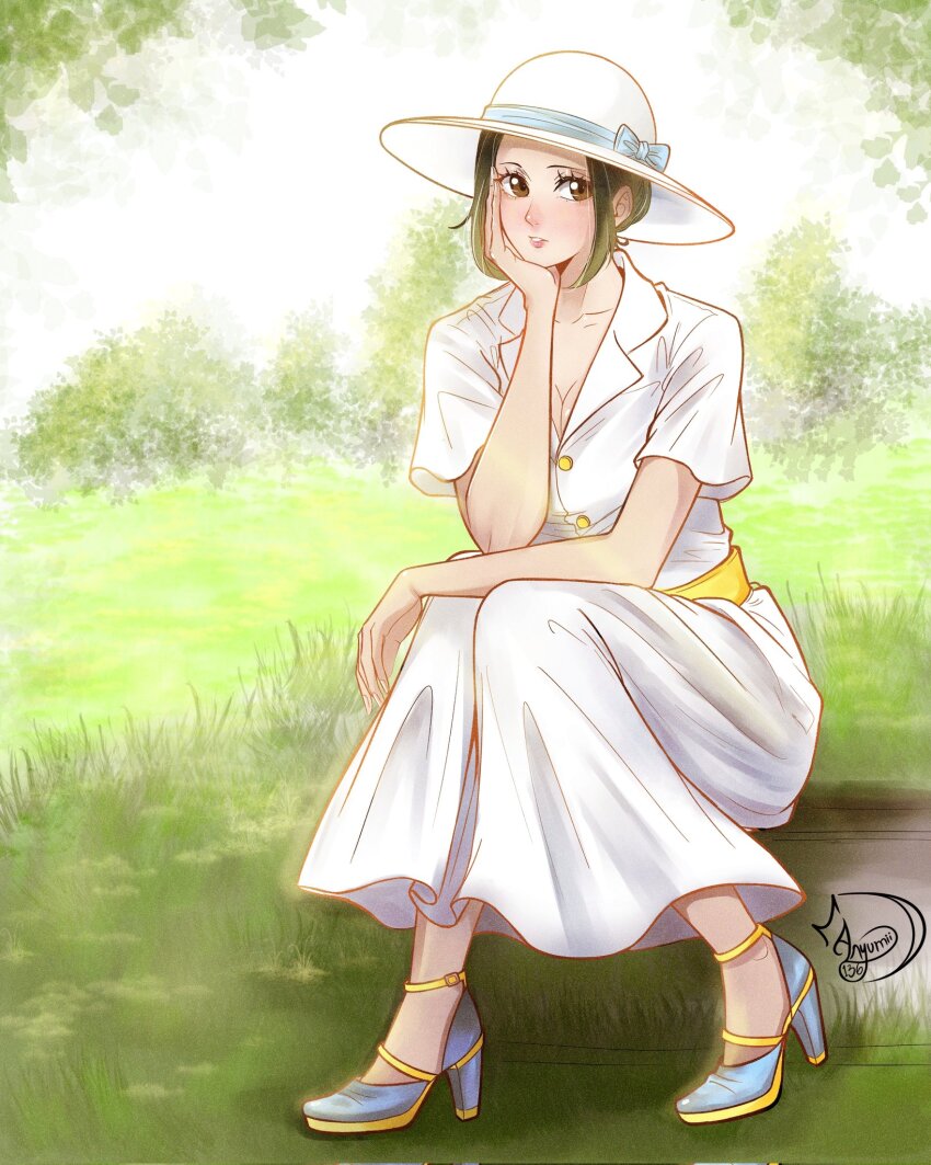 1girl, anyumii136, belt, brown_eyes, commentary, dress, grass, hand_on_own_cheek, hand_on_own_face, hat, high_heels, highres, makino_(one_piece), one_piece, signature, sitting, solo, tree, white_dress, white_hat