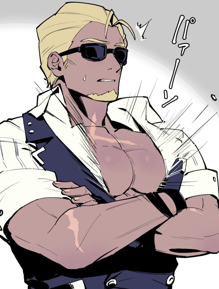 1boy, bara, blonde_hair, bursting_pectorals, crossed_arms, dark-skinned_male, dark_skin, emphasis_lines