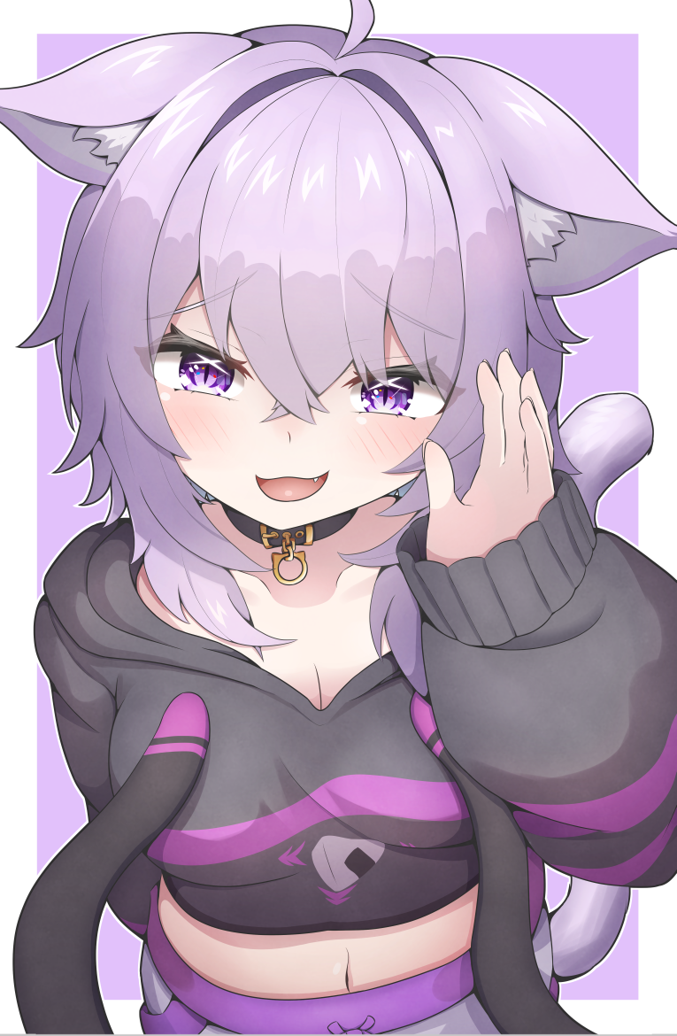 1girl, animal_ears, black_collar, black_hoodie, breasts, cat_ears, cat_girl, cat_tail, chiriwi, cleavage, collar, food_print, hololive, hood, hoodie, large_breasts, looking_at_viewer, medium_hair, navel, nekomata_okayu, nekomata_okayu_(1st_costume), onigiri_print, open_mouth, pants, purple_eyes, purple_hair, smile, solo, tail, virtual_youtuber, white_pants