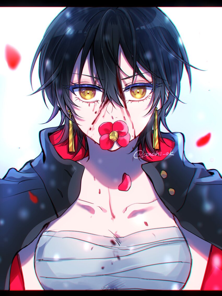 1girl, akanashi_(bachi_ak), black_hair, blood, blood_on_face, breasts, chest_sarashi, collarbone