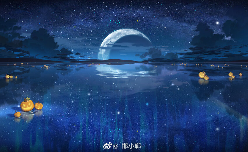 cloud, crescent_moon, hanxiaodan, jack-o'-lantern, lovebrush_chronicles, moon, moon_reflection, mountainous_horizon