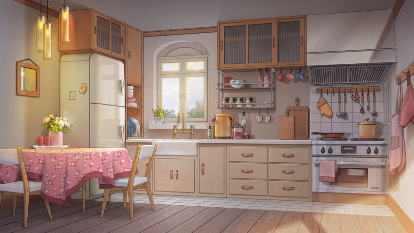 apron, bottle, bowl, bowl_stack, cabinet, chair, cooking_pot, cup