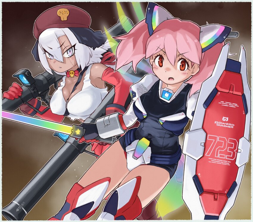 2girls, absurdres, armor, bare_shoulders, beret, black_bodysuit, black_choker, blush