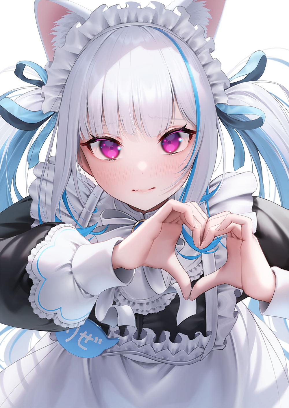 1girl, animal_ear_fluff, animal_ears, apron, blue_hair, blush, cat_ears, closed_mouth, hair_ribbon, heart, heart_hands, highres, leaning_forward, lize_helesta, lize_helesta_(9th_costume), long_sleeves, looking_at_viewer, maid, maid_headdress, multicolored_hair, nijisanji, puffy_long_sleeves, puffy_sleeves, purple_eyes, ribbon, simple_background, solo, suraimu_(suraimuraimu), two-tone_hair, upper_body, virtual_youtuber, white_apron, white_background, white_hair