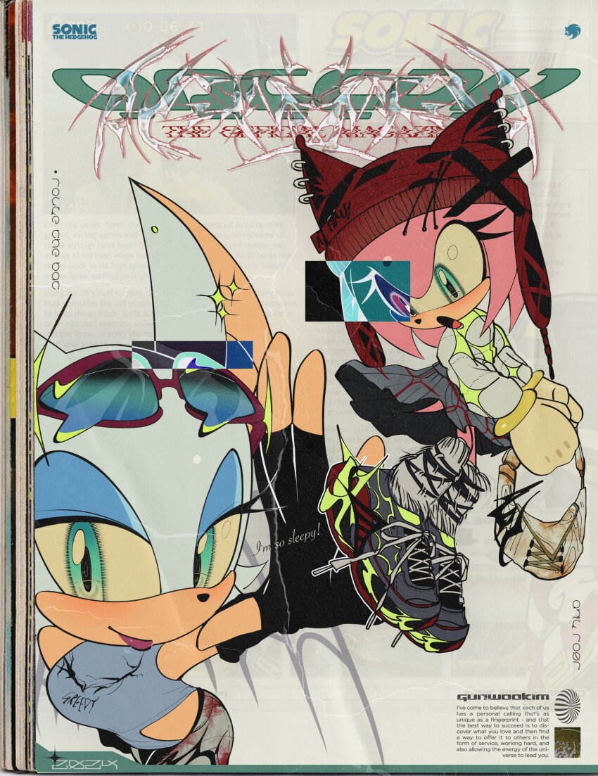 01iz, 2girls, absurdres, alternate_costume, amy_rose, animal_ears, animal_hat, animal_nose, bag, black_gloves, breasts, character_name, closed_mouth, copyright_name, english_text, eyewear_on_head, fake_scan, fashion, fingerless_gloves, furry, furry_female, gloves, green_eyes, grey_footwear, grey_skirt, hat, highres, holding, holding_bag, looking_at_viewer, multiple_girls, open_mouth, red_headwear, rouge_the_bat, shoes, simple_background, skirt, smile, sneakers, sonic_(series), sonic_rush, streetwear, sunglasses, tail, y2k_fashion