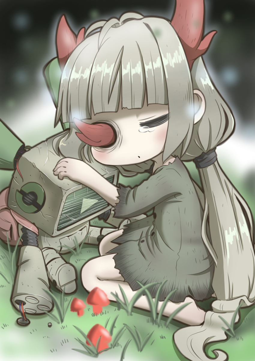 1girl, absurdres, barefoot, blunt_bangs, blush, broken, buttons, cable, closed_mouth, commentary_request, cracked_screen, dress, facing_to_the_side, facing_viewer, from_side, grass, grey_dress, grey_hair, highres, horns, kneeling, light_particles, long_hair, low_twintails, missing_eye, mushroom, on_ground, one_eye_closed, robot, robot_(void_terrarium), sad, short_dress, sidelocks, solo, tearing_up, toriko_(void_terrarium), torn_clothes, torn_dress, toryo_(sinsei2413), twintails, very_long_hair, void_terrarium