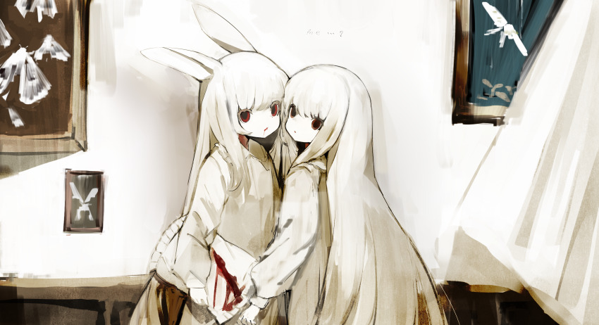 2girls, albino, animal_ears, blood, blood_on_face, blood_on_pillow, commentary, curtains