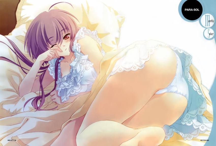1girl, absurdres, ahoge, ass, barefoot, bed, brown_hair, carnelian