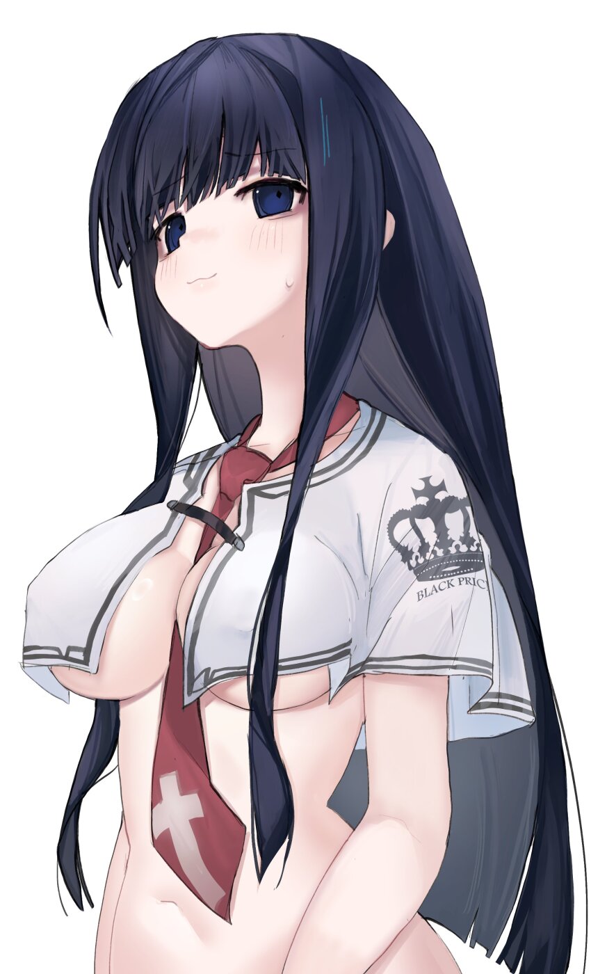 1girl, :3, absurdres, arms_at_sides, between_breasts, black_hair, blue_eyes, blunt_bangs