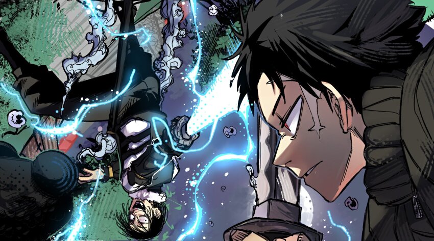 2boys, battle, black_hair, black_jacket, crazy_eyes, crazy_smile, duel, fighting