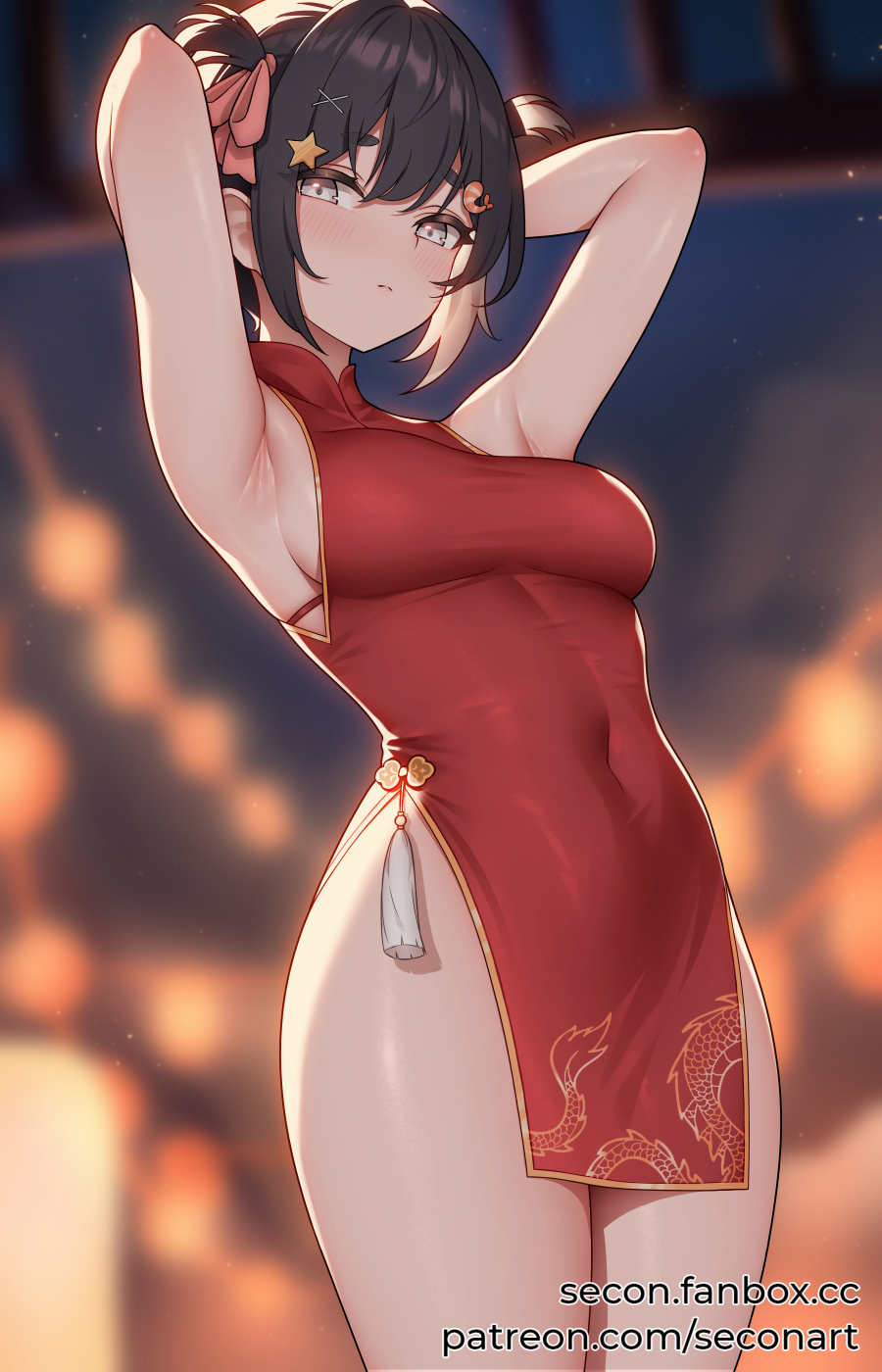 1girl, armpits, arms_up, bare_arms, bare_shoulders, black_hair, blurry, blurry_background, breasts, chinese_clothes, commentary, commission, covered_navel, cowboy_shot, dress, english_commentary, grey_eyes, hair_ornament, hair_ribbon, highres, medium_breasts, no_panties, noot_(vtuber), pelvic_curtain, pink_ribbon, red_dress, ribbon, secon, short_hair, sleeveless, sleeveless_dress, solo, standing, star_(symbol), star_hair_ornament, thighs, vdonburi, virtual_youtuber