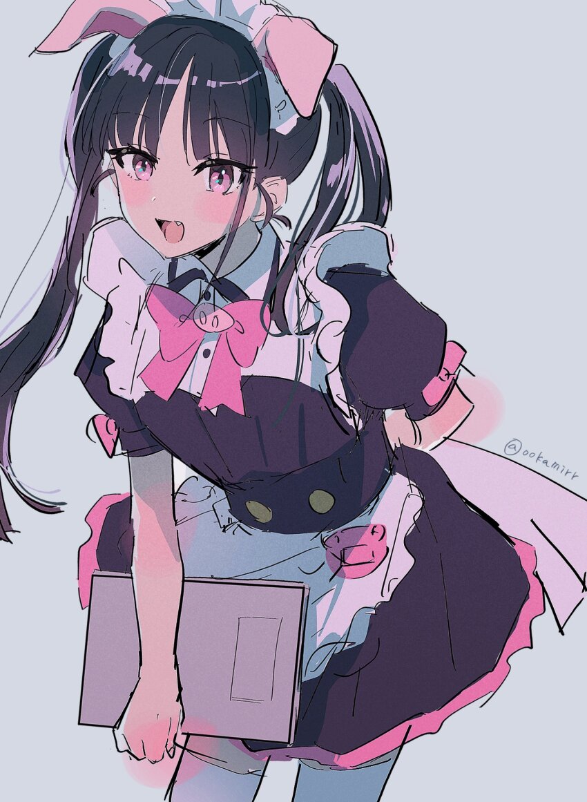 1girl, :d, akiba_maid_sensou, animal_ears, apron, arm_behind_back, black_hair, blush, bow, bowtie, fake_animal_ears, fang, highres, holding, looking_at_viewer, maid, maid_headdress, medium_hair, ookamirr, open_mouth, pig_ears, pink_bow, pink_bowtie, pink_eyes, simple_background, smile, solo, twintails, twitter_username, yumechi_(akiba_maid_sensou)