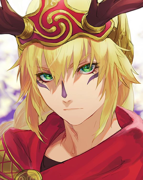 1boy, antlers, bishounen, blonde_hair, braid, cloak, closed_mouth, demon_(megami_tensei)
