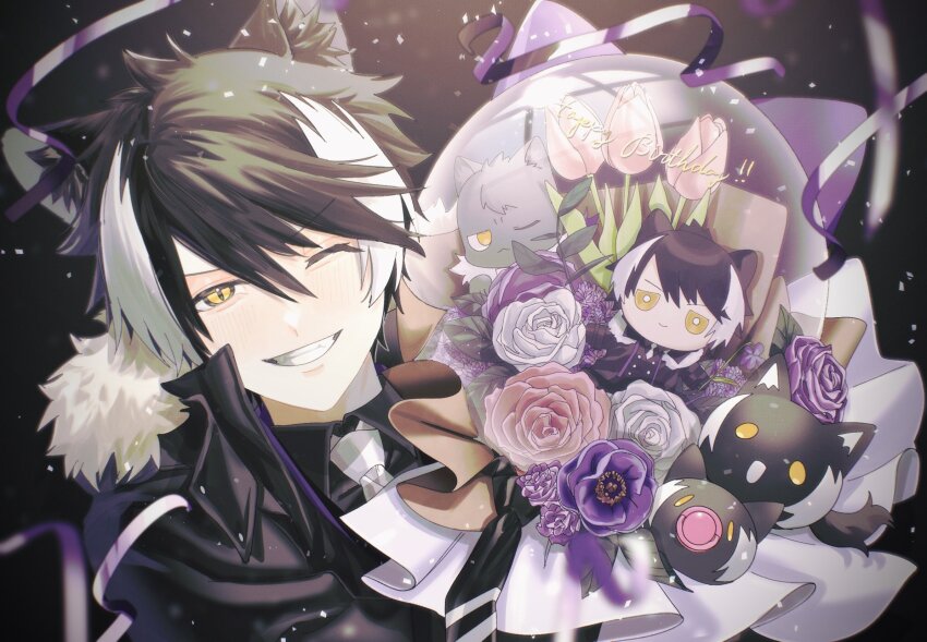 1boy, animal_ear_fluff, animal_ears, black_hair, bouquet, character_doll, chibi, coat