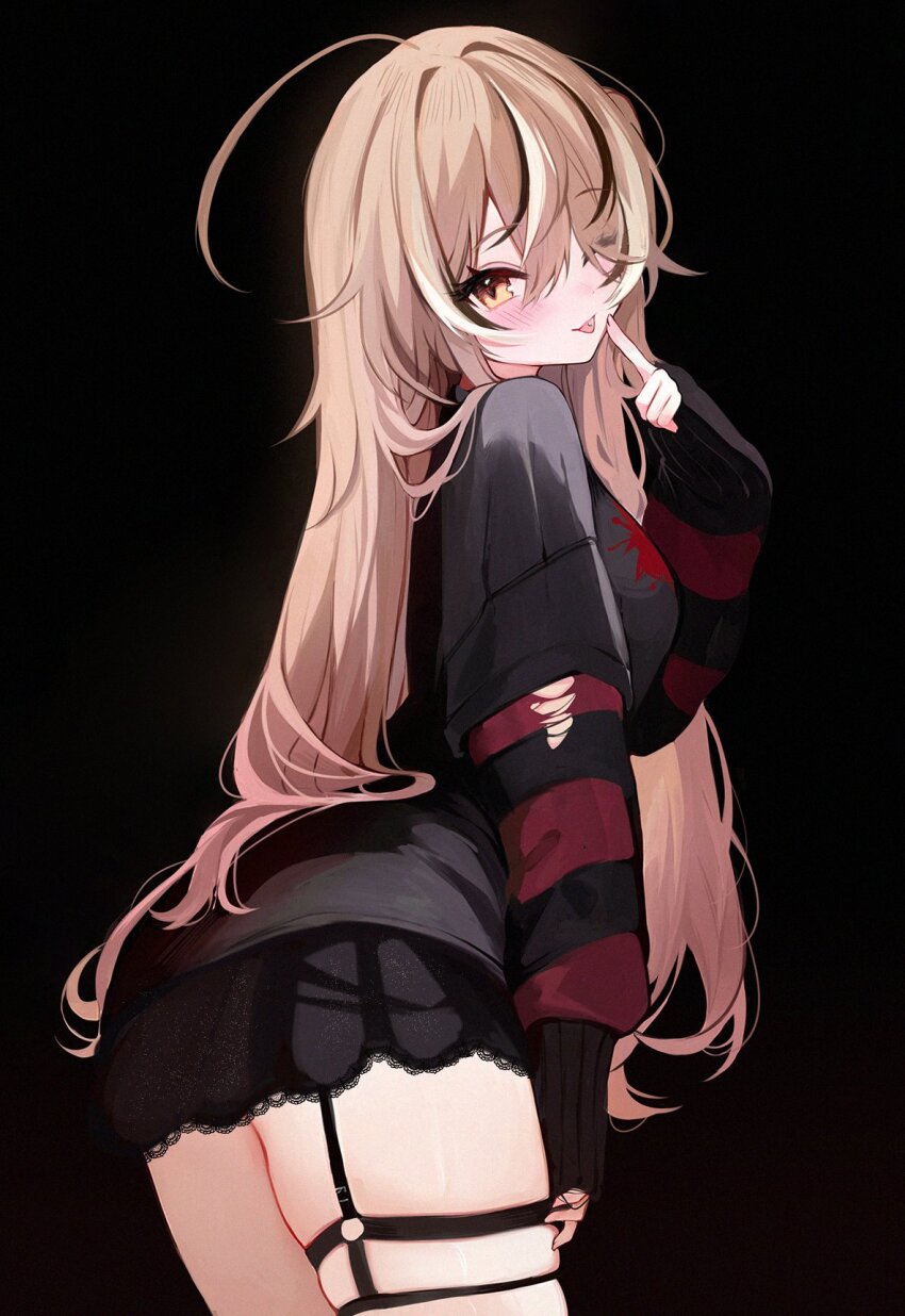 1girl, ;), ;p, ahoge, black_background, black_hair, black_shirt, black_skirt