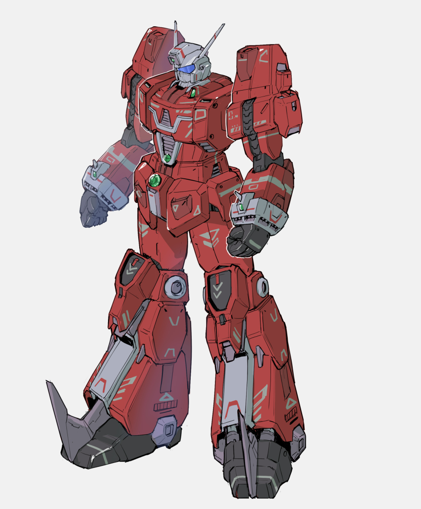 absurdres, arms_at_sides, assault_visor, clenched_hands, commentary, densetsu_kyojin_ideon, full_body, highres, ideon, mecha, mecha_focus, niao_san_shi, no_humans, redesign, robot, science_fiction, simple_background, solo, standing, super_robot, white_background