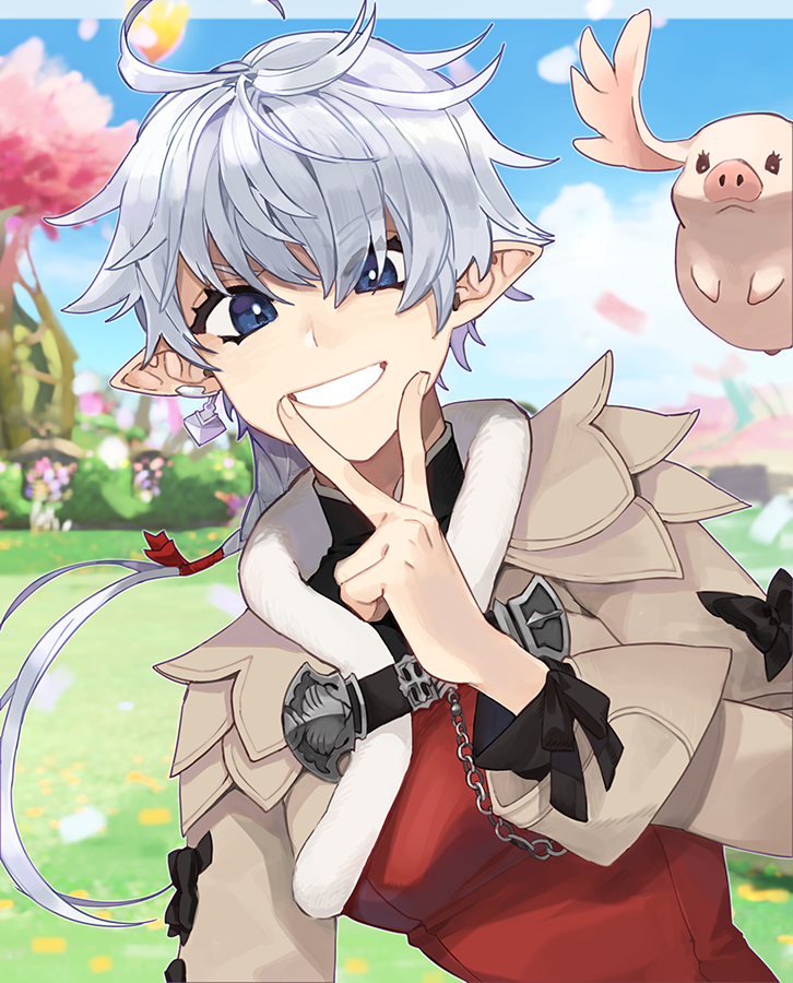 1girl, ahoge, alisaie_leveilleur, blue_eyes, cropped_jacket, dress, earrings, elezen