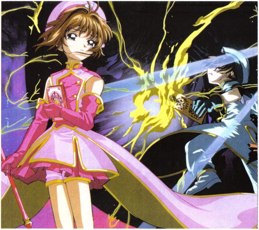 ahoge, brown_hair, card_(object), cardcaptor_sakura, clamp, clow_card, fighting, green_outfit