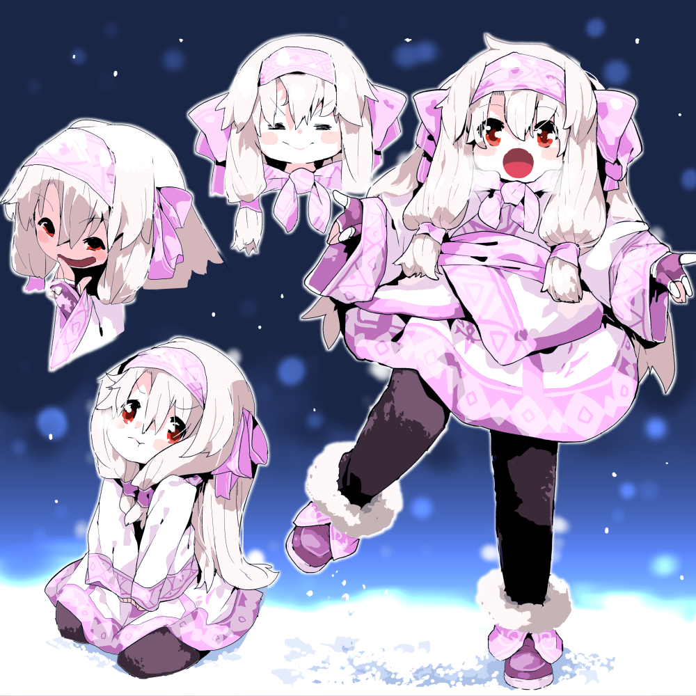 1girl, :>, =_=, ainu_clothes, black_pantyhose, blush_stickers, boots, closed_mouth