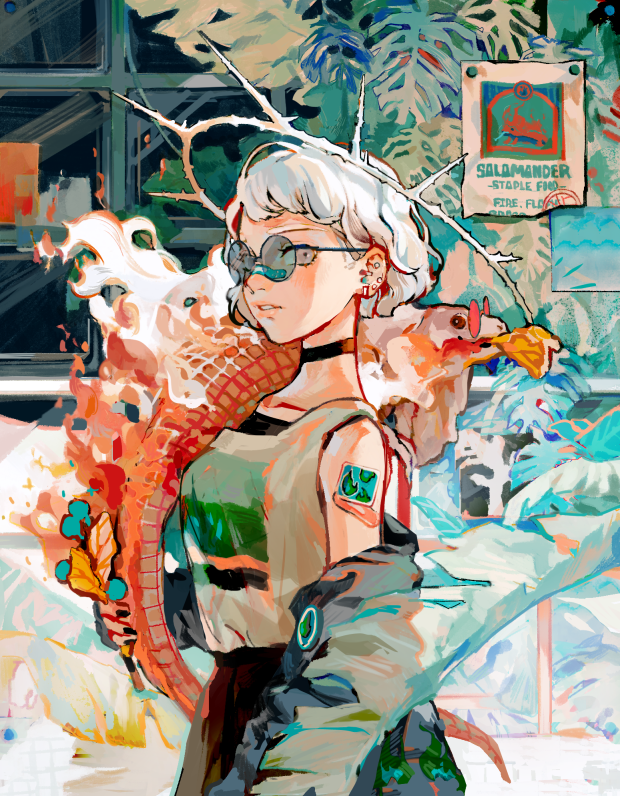 1girl, animal, animal_on_shoulder, bandaid, bandaid_on_arm, black_choker, black_skirt, black_tank_top