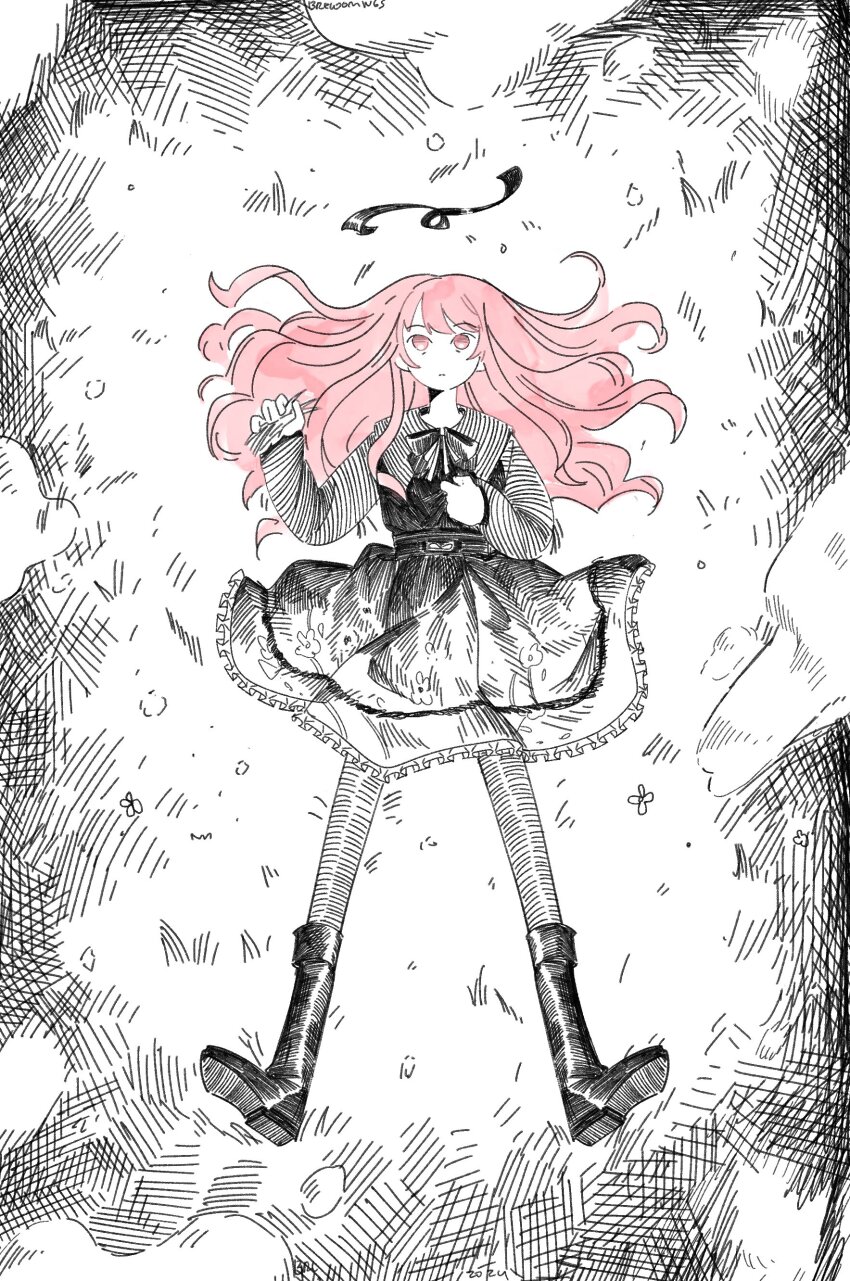 1other, absurdres, akiyama_mizuki, black_boots, black_bow, black_dress, black_ribbon, boots