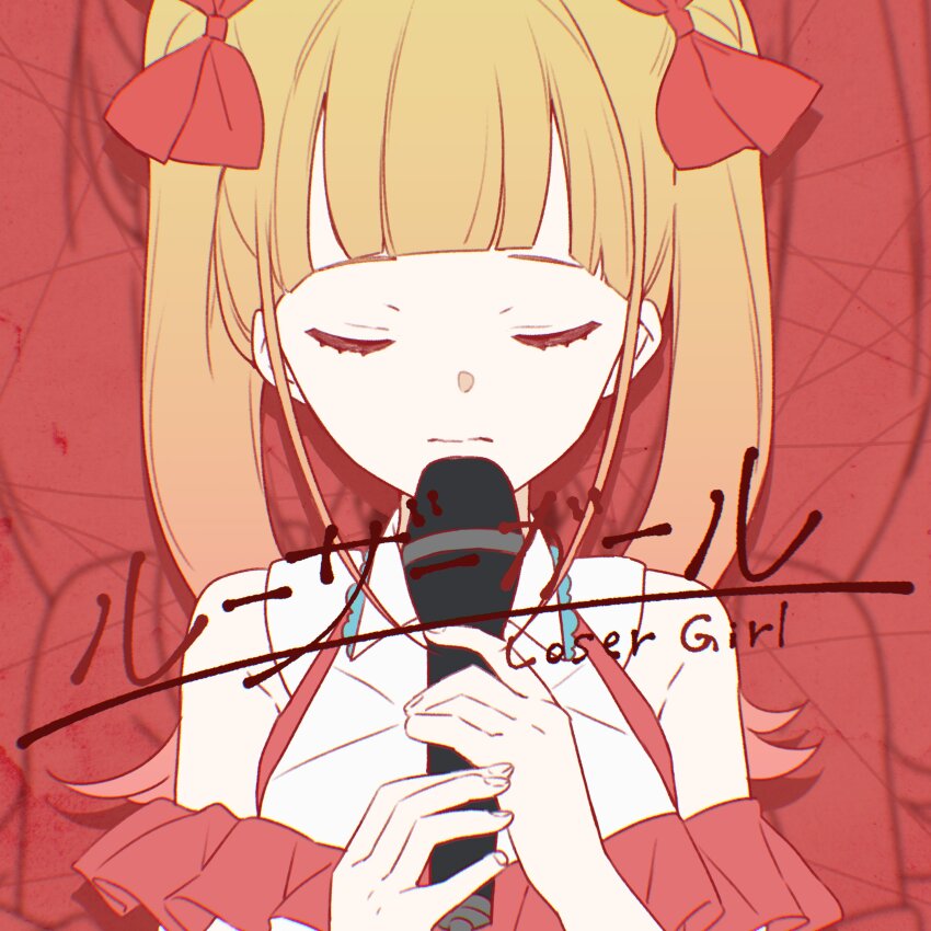 1girl, absurdres, album_cover, album_name, bare_arms, bare_shoulders, black_eyeliner, blonde_hair