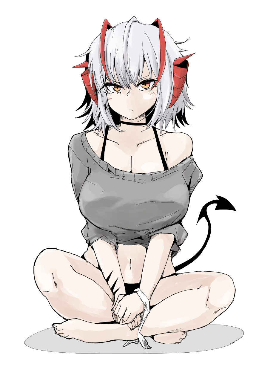 1girl, ahoge, alternate_costume, arknights, armband, barefoot, black_choker, breasts