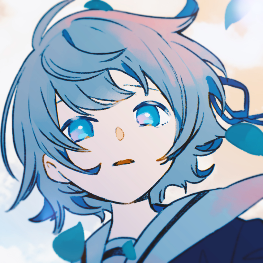 1girl, absurdres, ahoge, aqua_eyes, blue_background, blue_eyes, blue_hair, blue_serafuku, blunt_ends, bob_cut, commentary_request, cowlick, dated_commentary, hair_ribbon, highres, kuraberarekko, leaf, looking_at_viewer, official_art, omutatsu, outdoors, partial_commentary, portrait, ribbon, sailor_collar, school_uniform, second-party_source, serafuku, short_hair, simple_background, single_hair_intake, solo, sunlight, tuyu_(band)