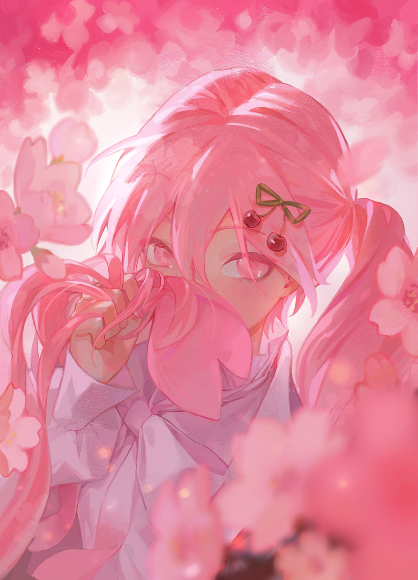 1girl, absurdres, backlighting, blurry, bud, cherry_blossoms, cherry_hair_ornament, covering_own_mouth, depth_of_field, eyelashes, fingernails, flower, food-themed_hair_ornament, gradient_ribbon, green_ribbon, hair_between_eyes, hair_ornament, hair_ribbon, hand_up, hatsune_miku, high_collar, highres, holding, holding_own_hair, isansia, light_particles, long_hair, long_sleeves, looking_at_viewer, motion_blur, neck_ribbon, missing_headwear, parted_bangs, pink_eyes, pink_flower, pink_hair, pink_nails, pink_ribbon, pink_theme, puffy_long_sleeves, puffy_sleeves, ribbon, sakura_miku, sakura_miku_(rella), shirt, sidelighting, solo, tsurime, twintails, upper_body, very_long_hair, vocaloid, wavy_hair, white_ribbon, white_shirt