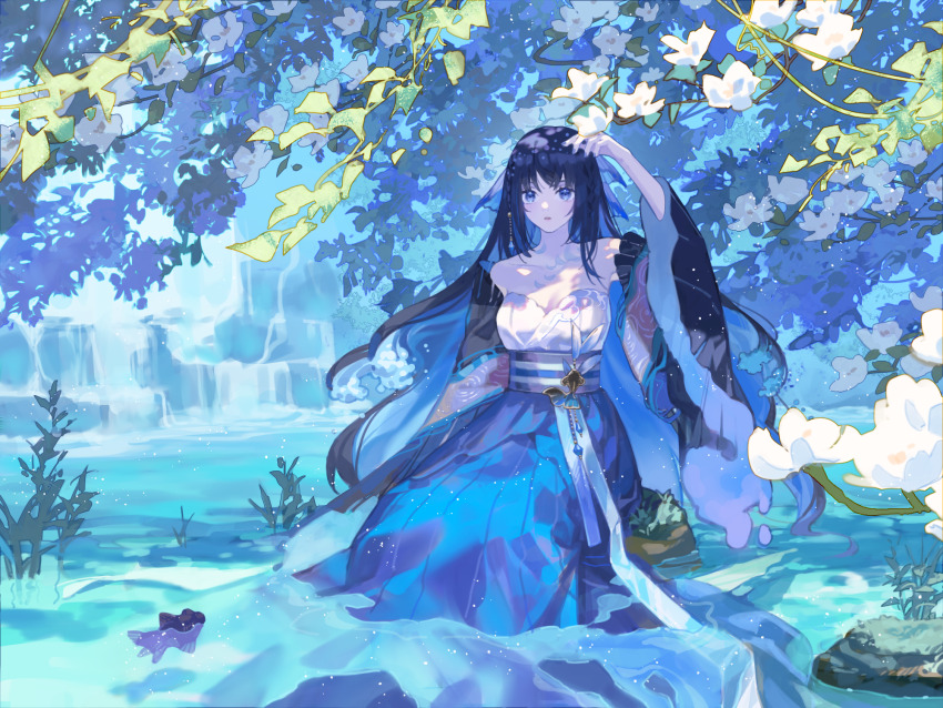 1girl, arm_up, aurenthel_(vtuber), black_hair, black_sleeves, blue_eyes, blue_gem, blue_hair, blue_kimono, blue_nails, blue_ribbon, bra, breasts, chest_tattoo, cleavage, colored_inner_hair, commission, crescent_tattoo, detached_sleeves, ema3, fingernails, fish, flower, gem, hair_ornament, hair_ribbon, highres, indie_virtual_youtuber, japanese_clothes, kimono, long_hair, looking_afar, medium_breasts, multicolored_hair, nail_polish, obi, obiage, obidome, obijime, outdoors, parted_lips, plant, ribbon, sash, sitting, skeb_commission, soaking_feet, solo, tattoo, two-tone_kimono, underwear, very_long_hair, water, white_flower, white_kimono, wide_sleeves