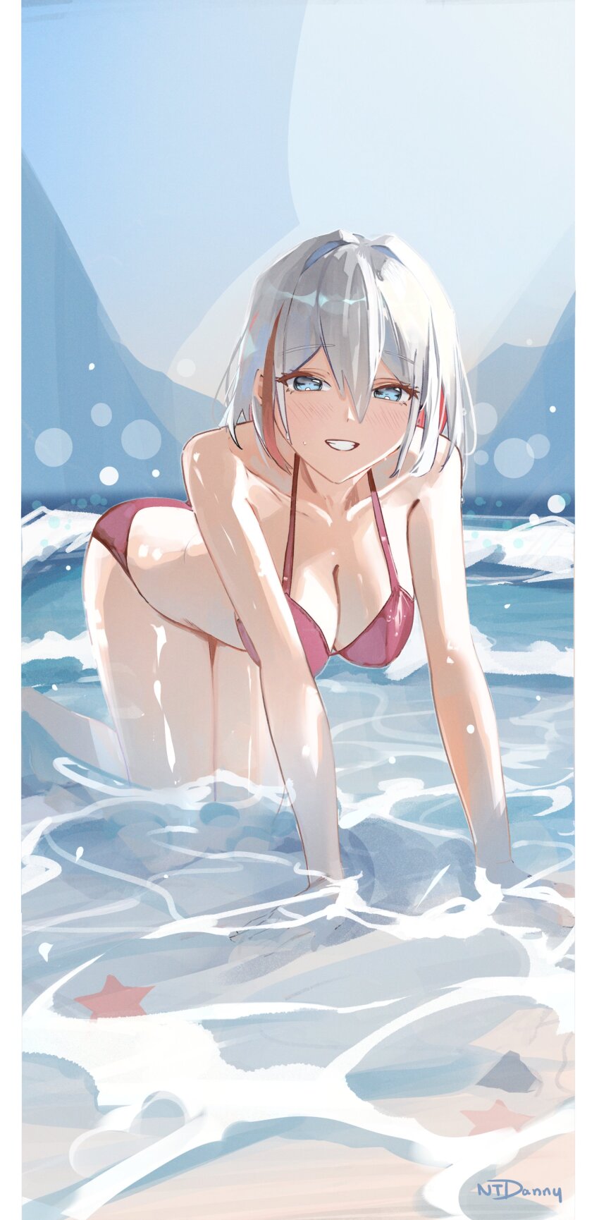 1girl, :d, absurdres, all_fours, artist_name, bikini, blue_eyes, blurry