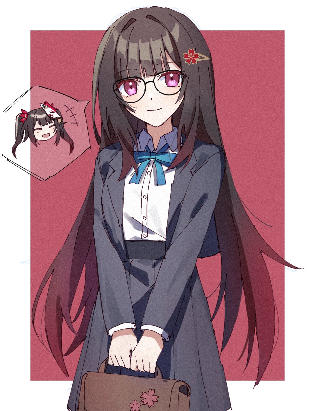 1girl, bag, black_jacket, black_skirt, blazer, blue_ribbon, blunt_bangs, blush