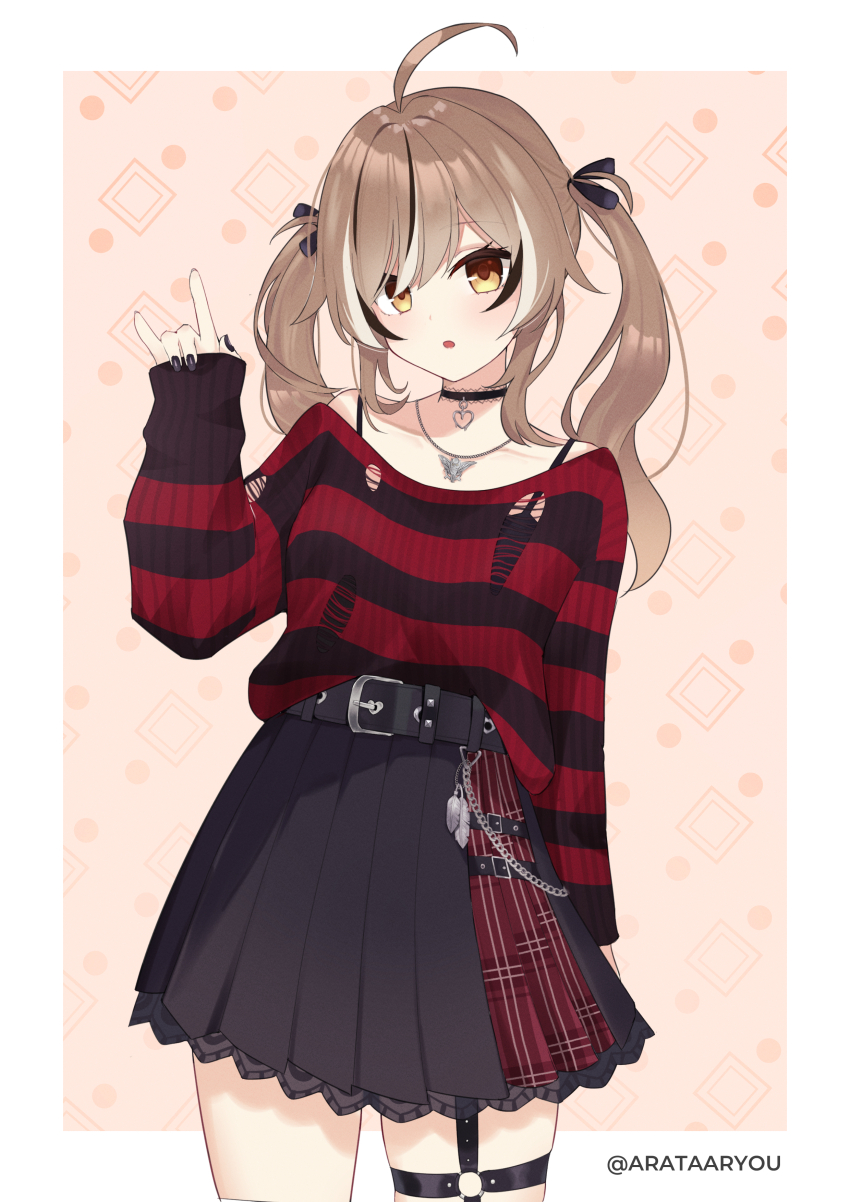 1girl, absurdres, ahoge, arata_ryou, belt, wallet_chain, brown_eyes, brown_hair