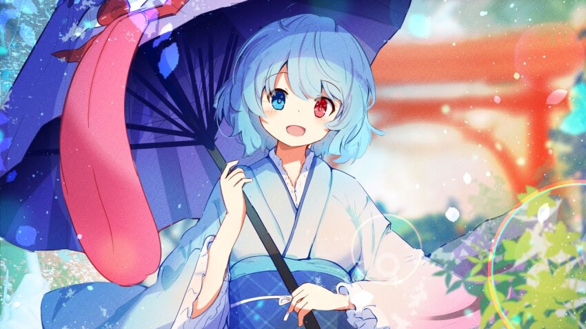 1girl, :d, blue_eyes, blue_hair, blue_kimono, blue_sash, blurry, blurry_background