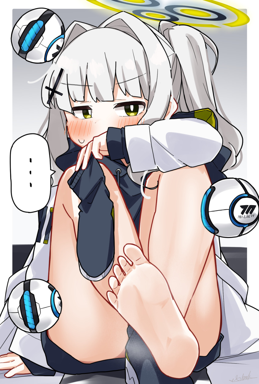 ..., 1girl, barefoot, black_hoodie, black_socks, blue_archive, blush, commentary_request