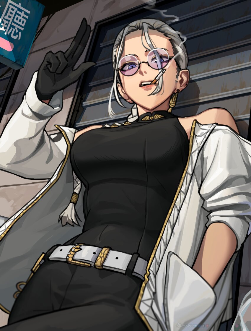 1girl, absurdres, atoroux, belt, black_gloves, black_pants, black_skirt, blue_eyes