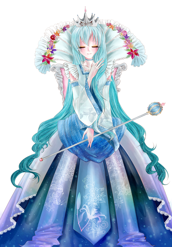 1girl, alternate_costume, crown, closed_eyes, female_focus, green_hair, kochiya_sanae, long_hair