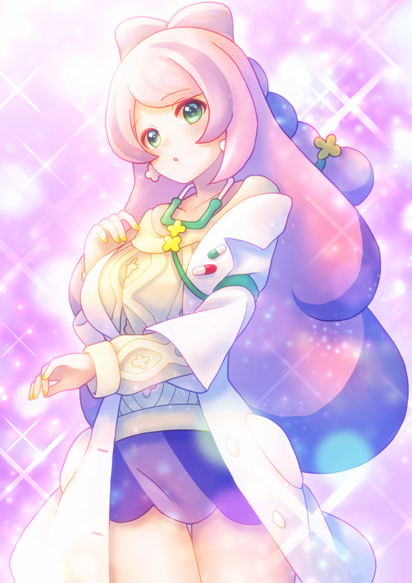 1girl, bow-shaped_hair, breasts, collarbone, earrings, eyeliner, flower_earrings, green_eyes