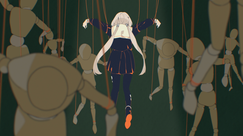 1girl, 6+others, album_cover, ankle_boots, arms_up, back, black_footwear, black_pantyhose