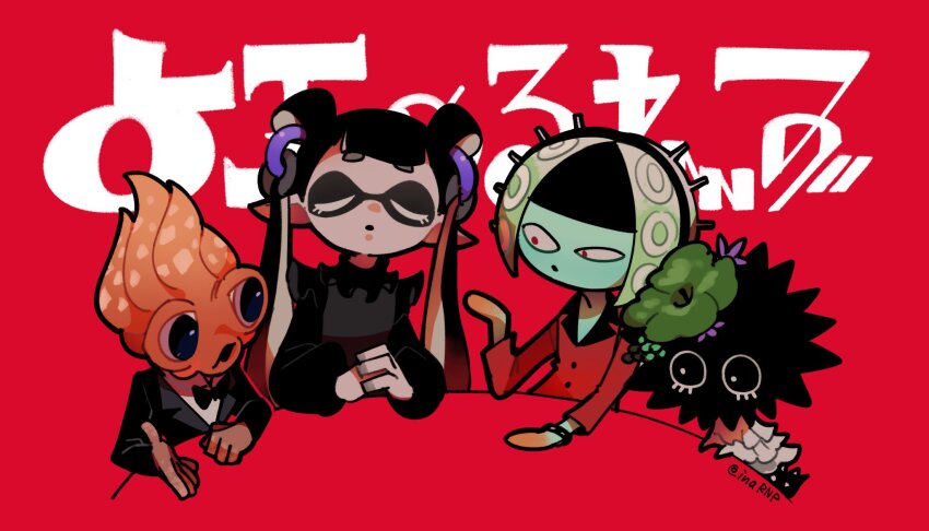 1boy, 3girls, black_bow, black_bowtie, black_dress, black_jacket, bow, bowtie, closed_eyes, collared_shirt, colored_skin, dress, green_skin, highres, inahara, inkling, jacket, jessika_(splatoon), kitamura_(splatoon), long_hair, long_sleeves, martin_(splatoon), multiple_girls, nintendo, no_nose, oonie_(splatoon), pointy_ears, red_background, red_eyes, red_shirt, sea_urchin, shirt, splatoon_(series), splatoon_3, twintails, white_dress, white_shirt