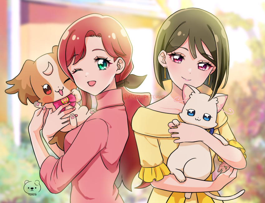 2girls, :3, ;d, animal, black_bow, blue_eyes, bob_cut, bow, brown_hair, cat, closed_mouth, collarbone, dog, dot_nose, fingernails, green_eyes, hair_bow, highres, holding, holding_animal, holding_cat, holding_dog, inukai_komugi, inukai_komugi_(dog), inukai_youko, long_hair, looking_at_viewer, low_ponytail, mature_female, moro_precure, multiple_girls, nekoyashiki_sumire, nekoyashiki_yuki, nekoyashiki_yuki_(cat), one_eye_closed, open_mouth, papillon_(dog), pink_bow, pink_eyes, pink_nails, pink_shirt, ponytail, precure, red_hair, shirt, short_hair, signature, smile, twitter_username, white_cat, wonderful_precure!, yellow_shirt