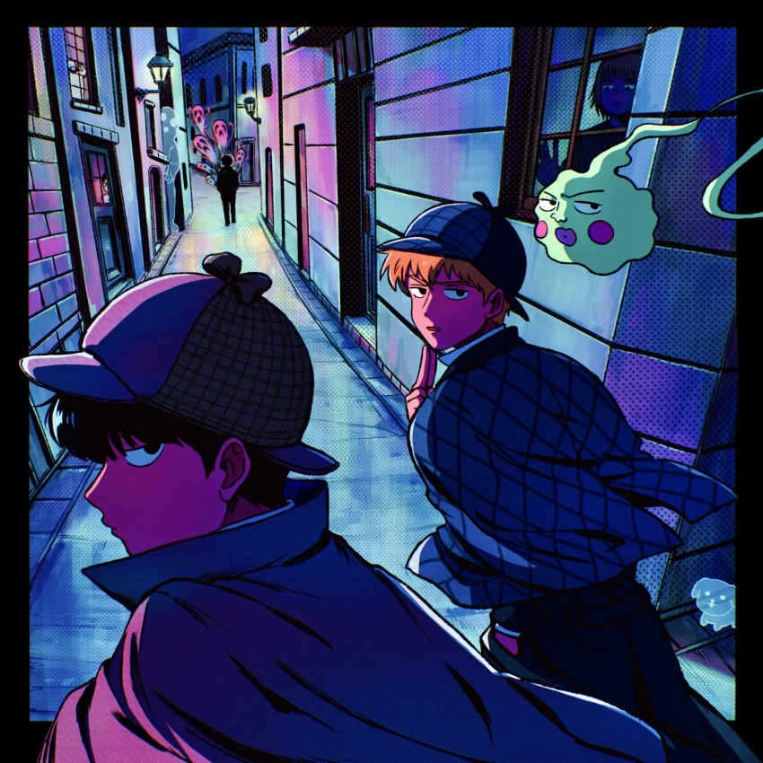 2boys, black_border, black_eyes, black_hair, border, building, cm_wm, commentary_request