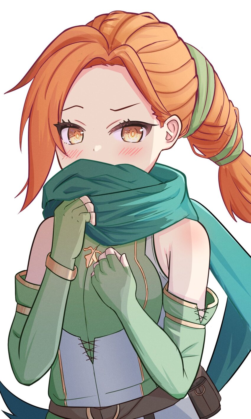 1girl, bare_shoulders, blue_scarf, blush, cath_(fire_emblem), covering_own_mouth, dress, elbow_gloves