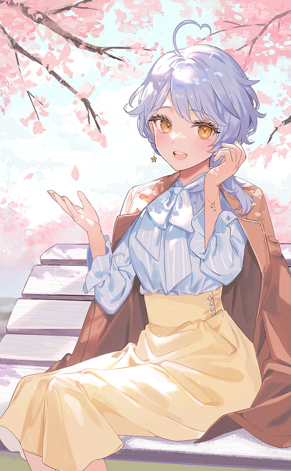 1girl, ahoge, asymmetrical_hair, bench, blue_hair, blue_shirt, bracelet, brown_jacket, cherry_blossoms, earrings, falling_petals, floating_earrings, hands_up, heart, heart_ahoge, high-waist_skirt, highres, hoshimi_madoka, indie_virtual_youtuber, jacket, jacket_on_shoulders, jewelry, long_skirt, long_sleeves, looking_at_viewer, miyako_(xxxbibit), open_mouth, outdoors, petals, second-party_source, shirt, shirt_tucked_in, short_hair, sitting, skirt, smile, solo, spring_(season), star_(symbol), star_earrings, virtual_youtuber, wooden_bench, yellow_eyes, yellow_skirt