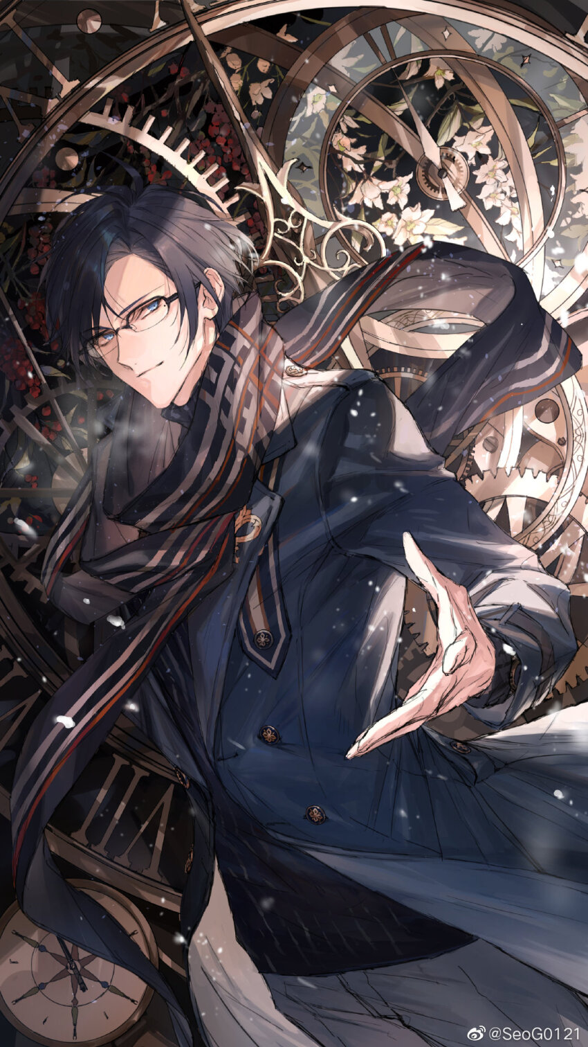 1boy, analog_clock, beckoning, black-framed_eyewear, black_hair, black_scarf, black_sweater, blue_coat, blue_eyes, breath, clarence_clayden, clarence_clayden_(first_snow), clock, closed_mouth, coat, compass, cowboy_shot, curtained_hair, flower, gears, glasses, grey_pants, highres, lapels, long_sleeves, looking_at_viewer, lovebrush_chronicles, male_focus, mole, mole_under_eye, notched_lapels, official_art, over-rim_eyewear, pants, parted_bangs, red_flower, scarf, semi-rimless_eyewear, seomouse, short_hair, smile, snowing, solo, standing, striped_clothes, striped_scarf, sweater, swept_bangs, turtleneck, turtleneck_sweater, watch, watermark, weibo_watermark, white_flower, wristwatch