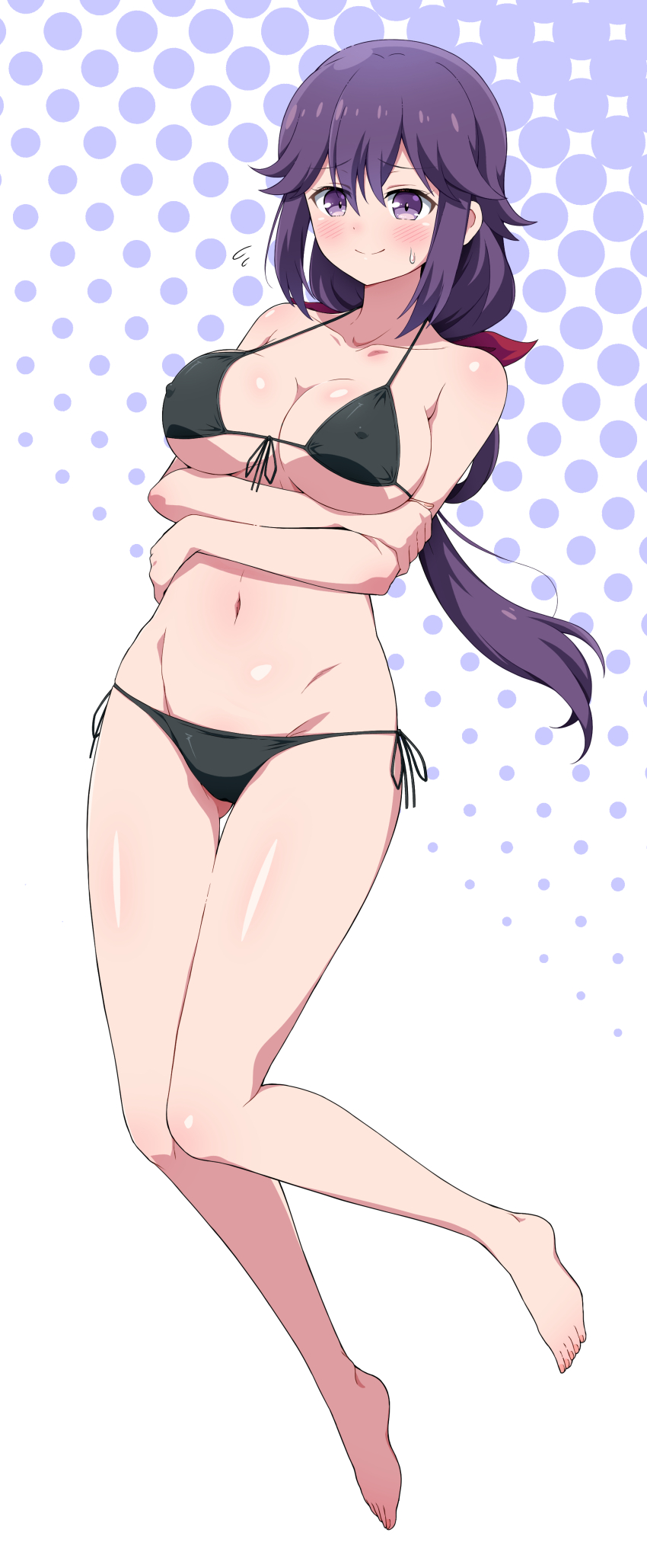 1girl, absurdres, arms_under_breasts, bare_legs, barefoot, bikini, black_bikini, blush