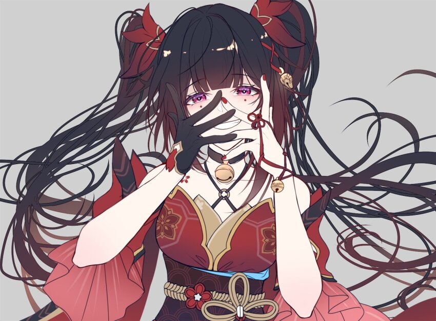 1girl, :d, aqueasirius, bare_shoulders, bell, black_choker, black_gloves, bow, brown_hair, choker, criss-cross_halter, detached_sleeves, dress, floating_hair, gloves, grin, hair_bow, halterneck, hands_on_own_face, honkai:_star_rail, honkai_(series), long_hair, looking_at_viewer, nail_polish, neck_bell, o-ring, obi, open_mouth, pink_eyes, red_bow, red_dress, red_hair, red_nails, red_sleeves, sash, short_sleeves, simple_background, single_glove, sleeveless, sleeveless_dress, smile, solo, sparkle_(honkai:_star_rail), straight-on, twintails, upper_body, white_background