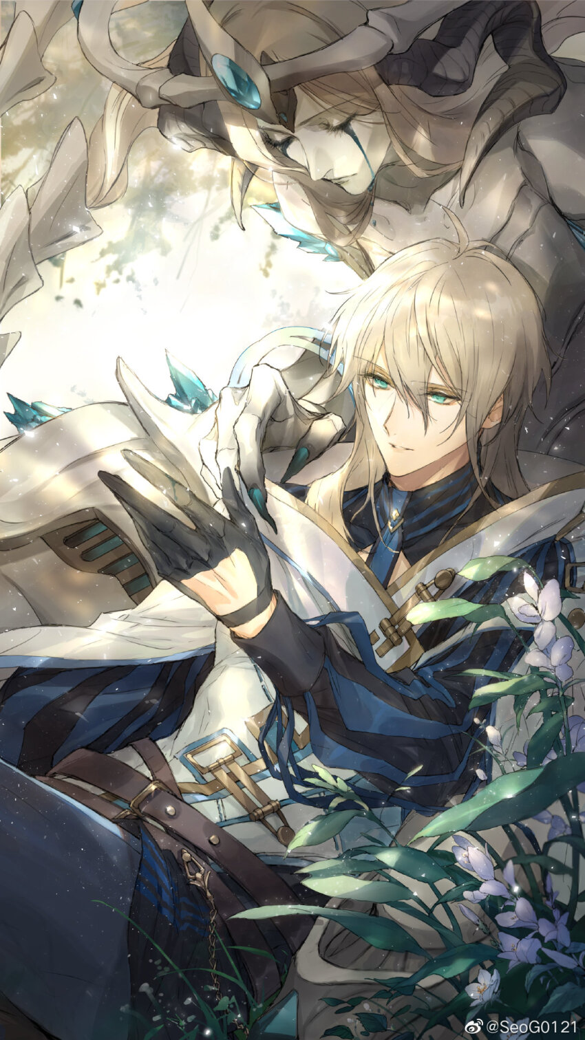 1boy, 1other, alkaid_mcgrath, alkaid_mcgrath_(eden), belt, black_shirt, blonde_hair, blue_necktie